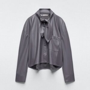 Zara Faux Leather Tie Neck Shirt Jacket Grey Button Down Blouse 2969/310/819 M
